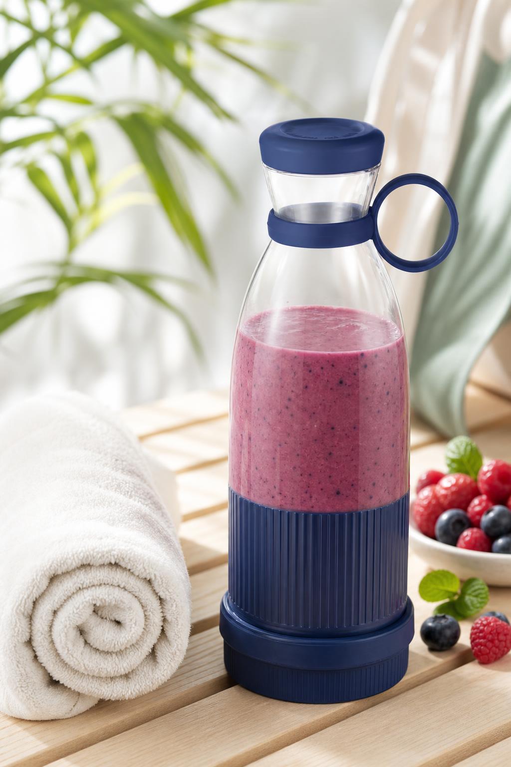 Blue blender smoothie on the go