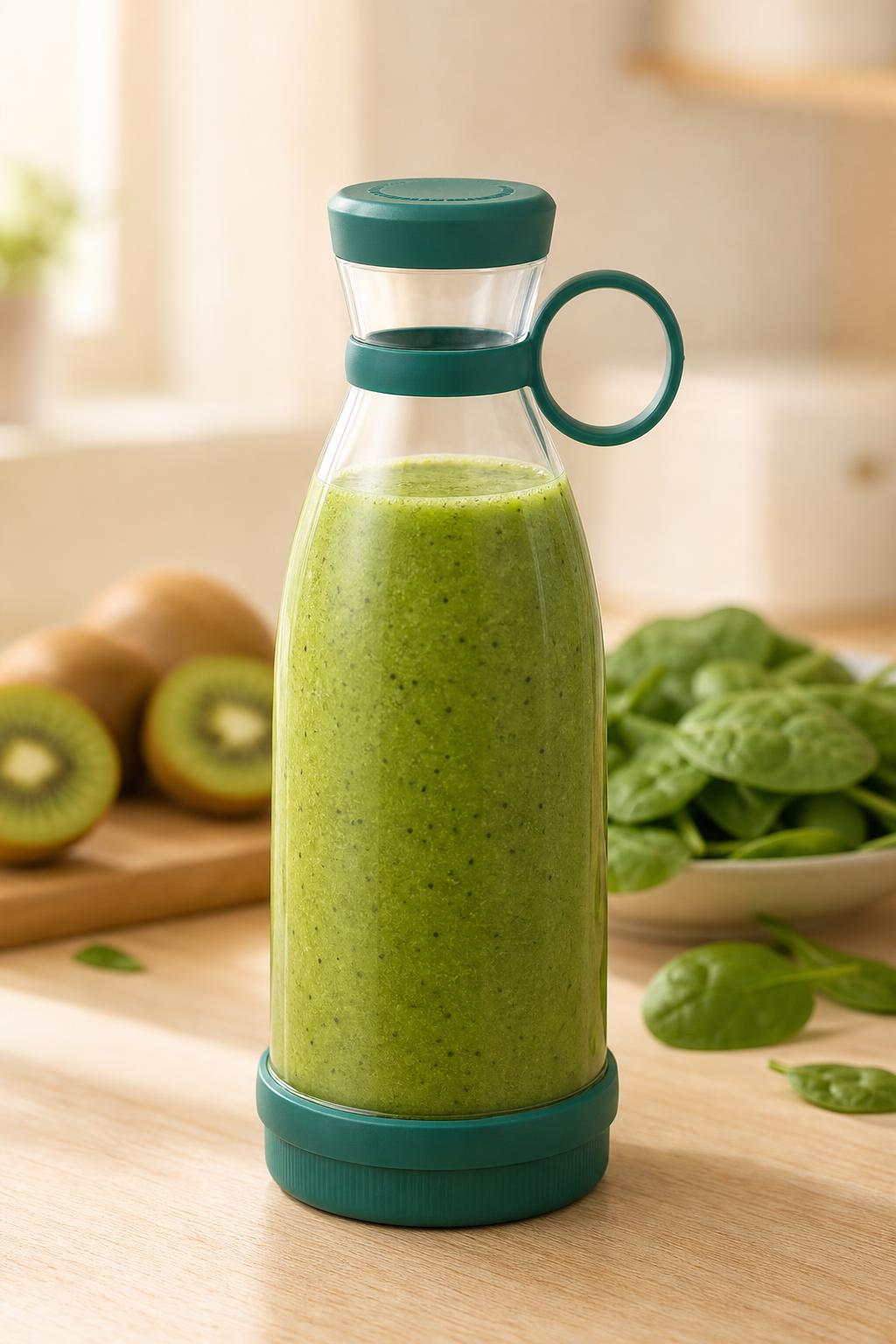 Green blender smoothie in the kitchen
