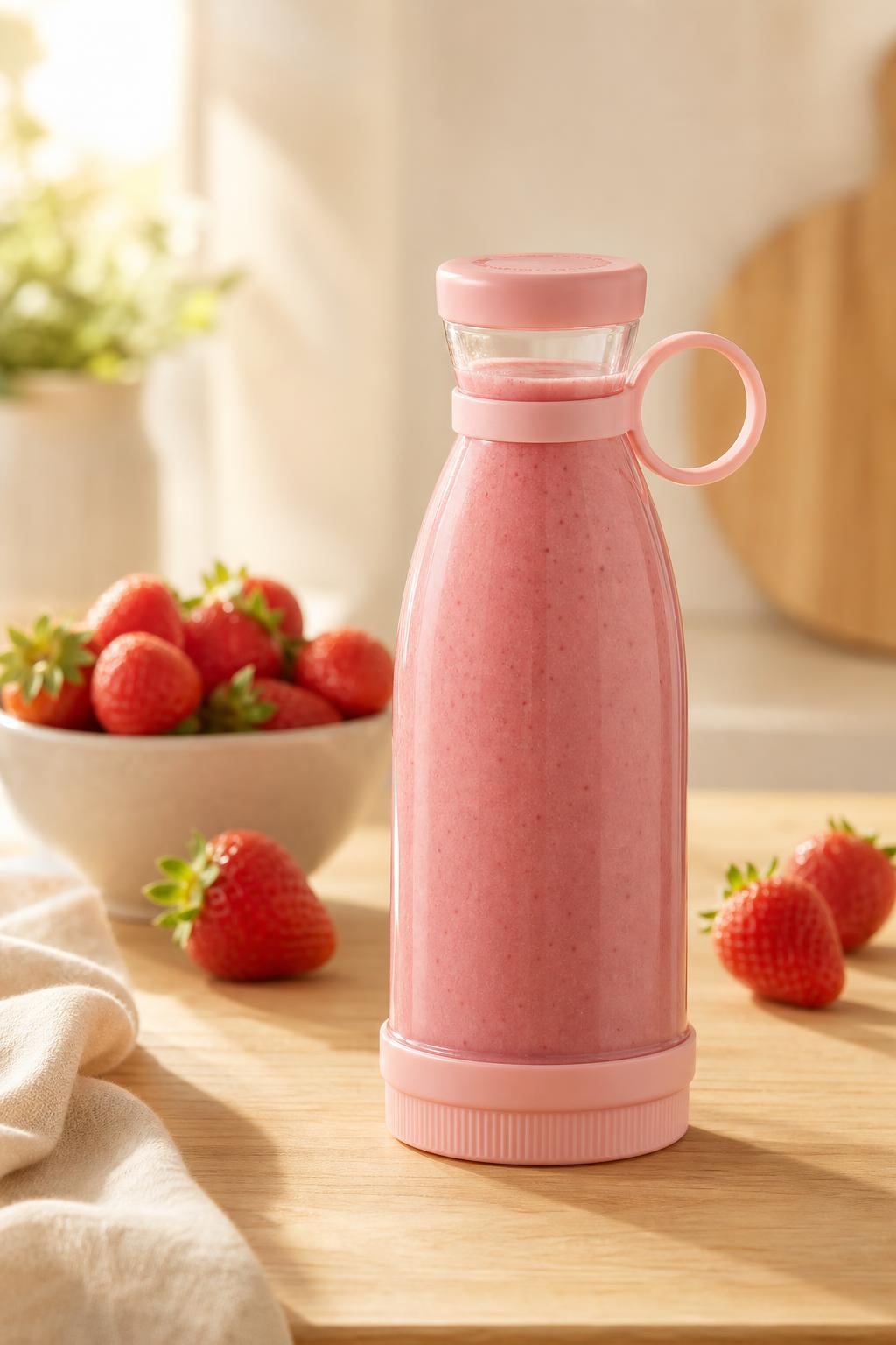 Pink blender smoothie with strawberries